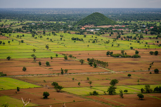 Patchwork rice fields and small hill near Phnom Kulen