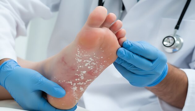 Doctor examining a foot with a skin condition, close-up view of the sole, athlete's foot, ringworm