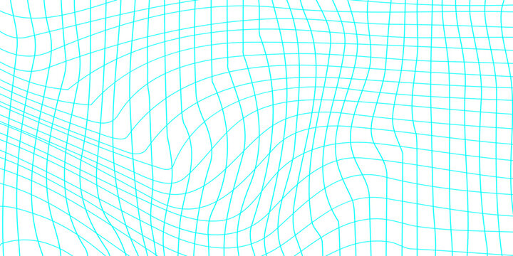 Abstract cyan blue wavy grid line texture background, distorted wireframe mesh pattern on white background, modern digital topography and tech texture.