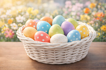 Fototapeta premium A white wicker basket filled with colorful Easter eggs sits on a wooden table in front of a blurred background of flowers in shades of pink, yellow, orange, and white. The eggs are blue, green, yellow