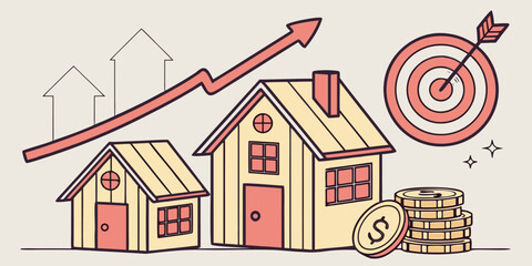 Housing market trends with increasing mortgage rates, business professional analyzing property data on laptop, growth graph and real estate symbols.