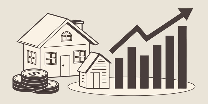 Modern real estate analytics concept showing upward property trends, rising rates, laptop work, house icons, financial growth and smart investment planning.