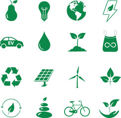 Sustainable Eco Green Icons Vector Set - Flat Design Environmental Pack