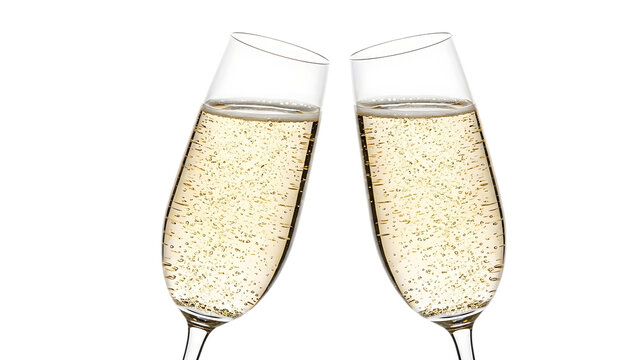 Two isolated crystal flutes of bubbly golden champagne fizz with bubbles in a celebratory toast for a wedding anniversary or holiday party