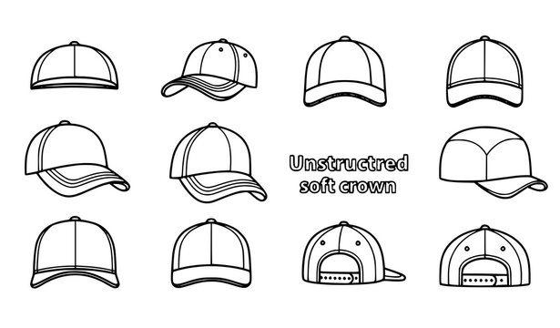 Black Line Baseball Cap Icons Pack with Adjustable Strap and Curved Visor Vector Illustration