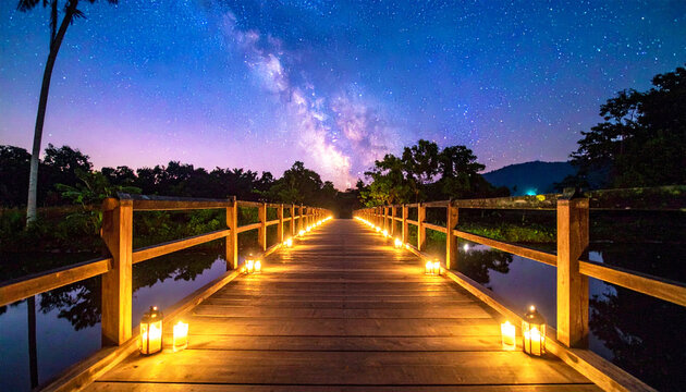 Bridge lit up by lanterns, starry galaxy at night, illustration. AI