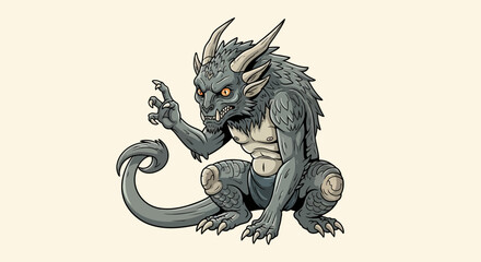 Obraz premium Mythical Gray Dragon Creature Squatting in a Menacing Pose on an Isolated Beige Background