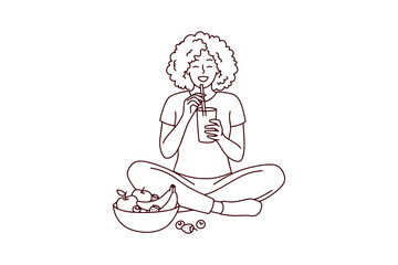 Obraz premium Happy African American girl enjoys fresh green smoothie made of healthy fruits and berries. Coloring book illustration promotes healthy habits, organic food, and wellness for better skin.