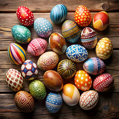 Fototapeta premium Colorful hand painted Easter eggs displayed on a rustic wooden surface. A variety of vibrant designs and patterns adorn the eggs. creating a festive and decorative Easter scene.