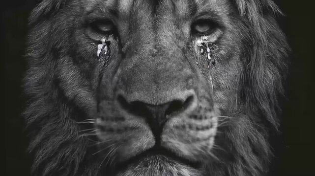 Lion with tears showing deep emotions in black and white art at wildlife studio