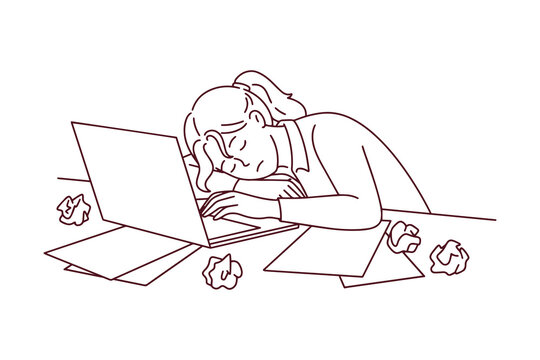 Female office employee sleeps at her computer due to heavy workload and corporate overtime pressure. Coloring page shows professional exhaustion, stress, and difficult times at work.