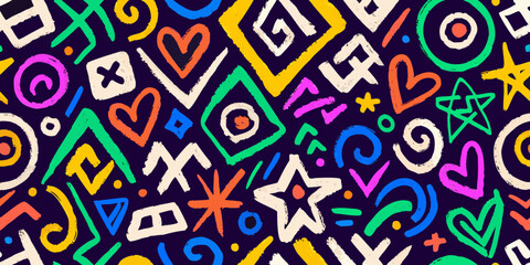 Colorful doodle pattern with hearts stars and abstract shapes © Bipul