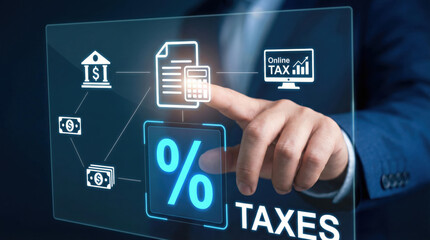 Obraz premium Businessman interacting with digital tax interface for online financial management