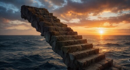 Dramatic seascape with weathered stone steps leading into a vibrant sunset ocean.