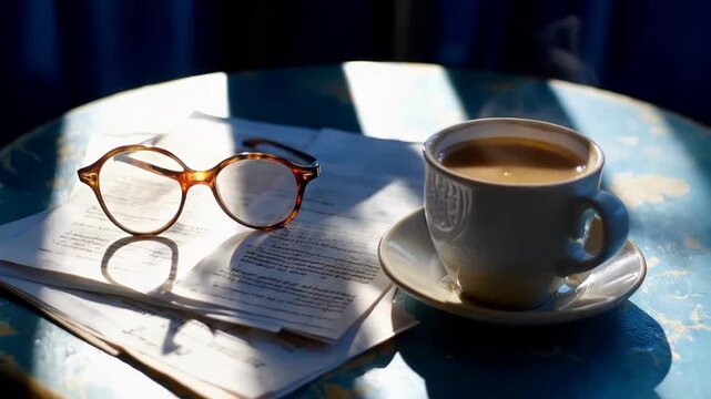 Warm coffee and glasses on a table with papers in a cozy cafe setting during the morning hours in the city