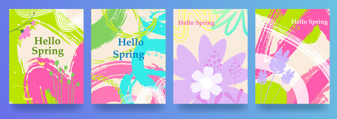 Bright spring gradient backgrounds. Minimalistic style with floral elements and texture. Brush strokes, stylized flowers. Editable template. Sale banners. Vector images. © Riva