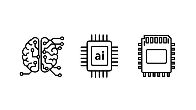Artificial Intelligence and Machine Learning Icons Depicting Brain-Computer Interfaces, AI Processors, and Advanced Technology