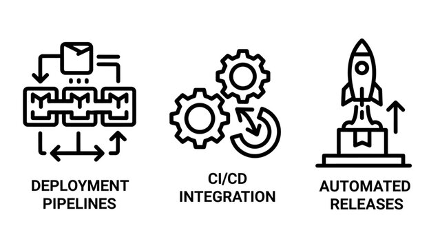 DevOps software development lifecycle icons depicting deployment pipelines, continuous integration and continuous delivery (CI/CD) automation, and automated releases.