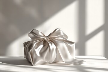 A realistic celebration gift enclosed in glossy wrapping resting upon white surface.