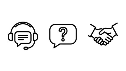 Fototapeta premium Professional Customer Support and Business Partnership Icon Set Showcasing Headset Assistance, FAQ Question Bubble, and Successful Handshake Agreements