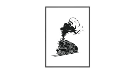 A striking black and white framed artwork depicts a vintage steam locomotive emitting smoke a bold silhouette © AL-AMIN