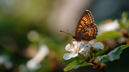 Obraz premium Macro Butterfly on White Spring Blossoms with Soft Bokeh, Ultra-realistic macro of an orange-brown butterfly resting on white blossoms in warm natural light with creamy bokeh.
