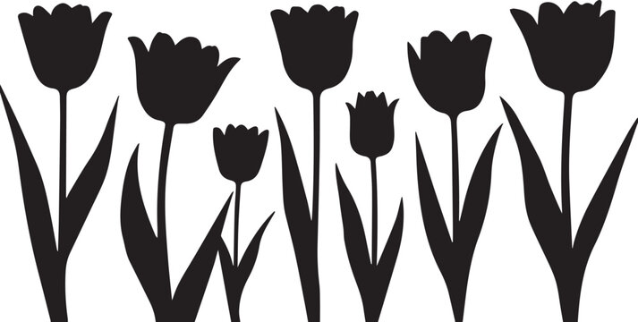 Vector illustration featuring a floral silhouette of a tulip and rose blossom held by hand silhouettes in a nature inspired art design for a symbolic spring tattoo pattern