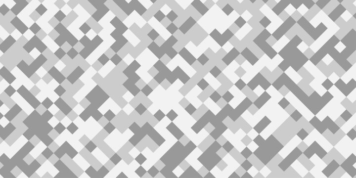 Abstract gray and white geometric pixel pattern background, modern digital camouflage mosaic texture, minimalist square grid tech backdrop.
