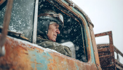 Elderly truck driver with helmet looking out of rusty truck window and driving away on snowy road