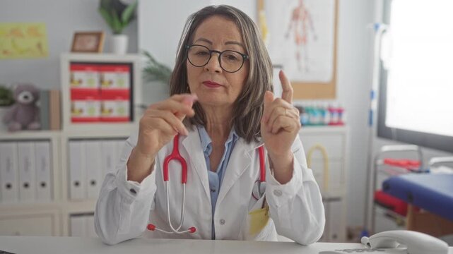 Hispanic woman doctor with grey hair files fingernail using a pink nailfile while gesturing at camera in medical office building; calm care.