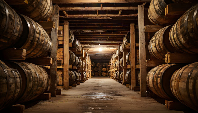 Barrels Of Whiskey Bourbon Aging And Maturing In A Cold Climate Basement Cellar In A Distillery.