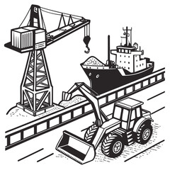 Obraz premium A tractor and crane are loading a cargo ship