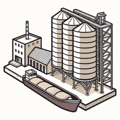 Industrial scene with grain silos and cargo ship © vvv