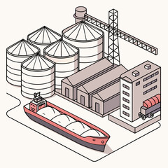 Industrial port with cargo ship and grain silos © vvv