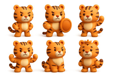 Fototapeta premium Cute cartoon tigers in various poses, a playful collection of adorable characters