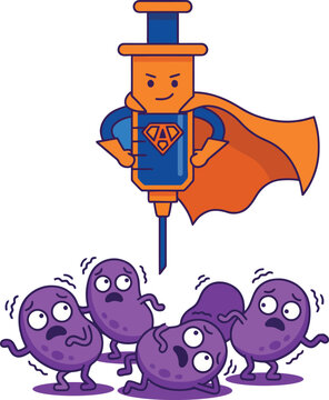 Triumphant Superhero Syringe Conquering Bacteria and Viruses