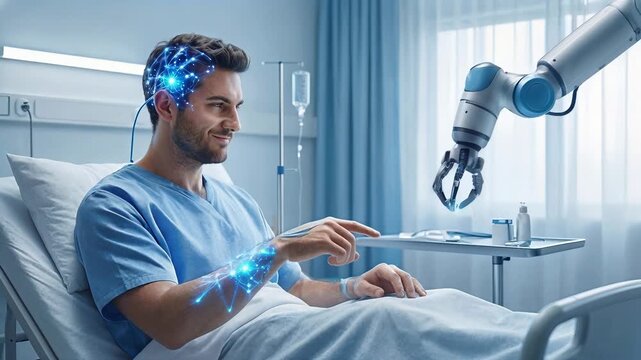 Patient controlling robotic arm with neural interface in hospital room. Future neurotechnology and medical robotics integration. Static wide shot.