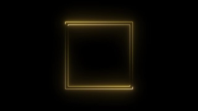 Neon rectangle frame icon animation on black background. rectangular frame made of two moving neon lights overlay. Rectangle photo frame with goold color motion graphic.
