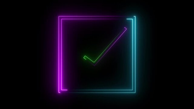 glowing neon green and pink color tick mark sign sample motion background video for mobile Glowing pink and green checkmark inside a rectangel animated on a black background. 4k vedio