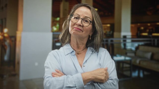 Woman with folded arms and glasses in a building lobby, chin tilted up and slight smile showing assertive posture; confidence.