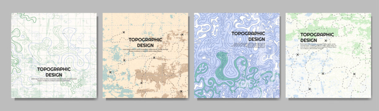 Vector illustration. Topographic map backgrounds. Abstract contour lines and technical grids with earthy textures for minimalist web banners, blog posts, social media templates. Line art pattern