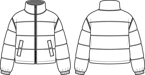 Technical fashion illustration of puffer jacket front and back view with quilted sections high collar zipper closure flap pockets and elastic cuffs ideal for apparel design © designspro