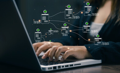 Naklejka premium Digital workflow automation with verified document approval system, representing business process optimization, online collaboration, and secure enterprise management technology.