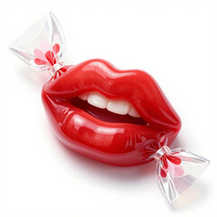 Glossy Red Lip Candy Shaped Like Lips With White Teeth, Romantic Sweet Pop Art Concept.