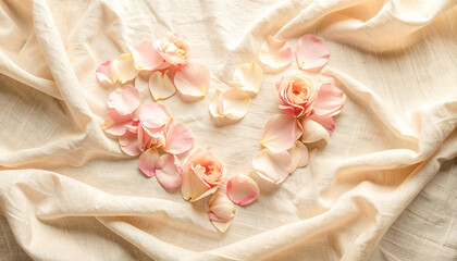 A soft romantic flat lay of pink rose petals and blooms arranged in a heart shape on light cream fabric, with warm natural light and a delicate elegant mood.