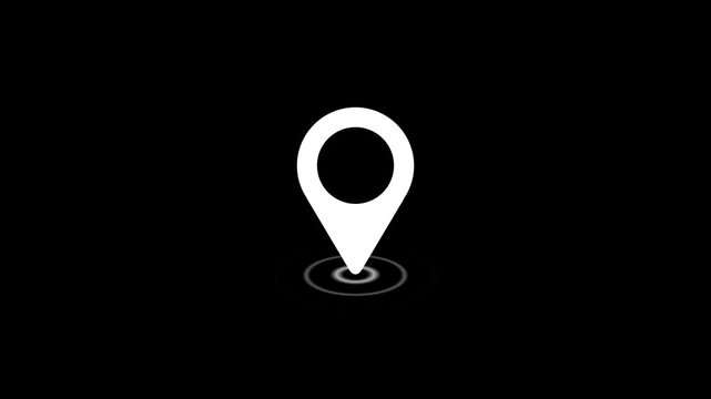 White glowing location pin icon with animated ripple on black background.