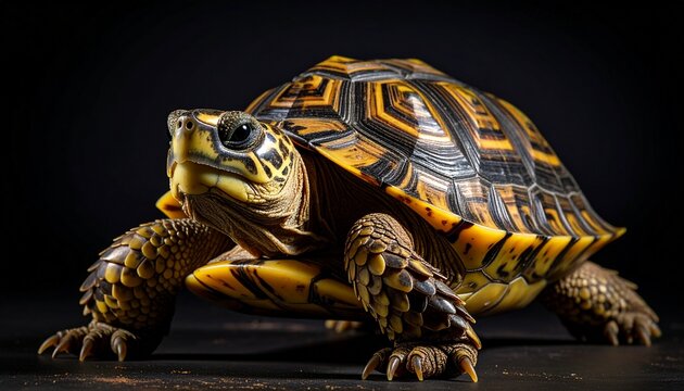 Dramatic and Cinematic Close-Up of a Striking Box Turtle Against a Black Backdrop