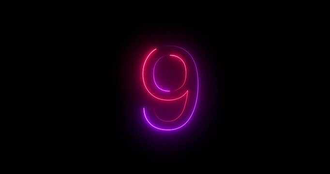 Glowing neon 9 text number animation on black background. Bright neon 9 number symbol. glowing neon number animation concept
