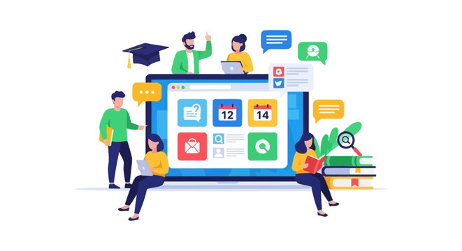 E-Learning Platform and Online Education System. Students studying, collaborating, and managing schedules on a digital learning portal interface.