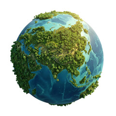Miniature green planet Earth is covered in lush forests and blue oceans on a, transparent background